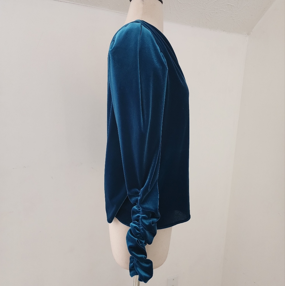 ML Monique Lhuillier One Shoulder Velvet Top Ruched Sleeve Blue Size S - Picture 9 of 15